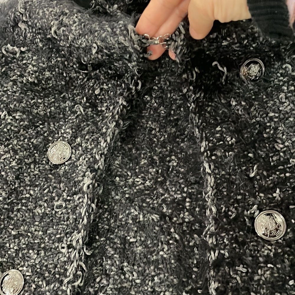 Point Zero Black Bouclé Eyelash Knit Jacket Cardigan Military Button Detail P/S - Picture 4 of 13